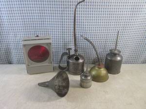 lot 44 image: (CS) Vintage Oil Cans, Metal Funnel...