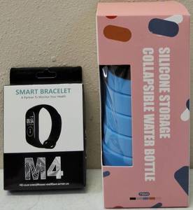 lot 26 image: NEW (1) M4 Smart Bracelet - HD Color Screen  Message View  45 Day Battery Life & (1) Silicone Storage Collapsible Water Bottle - Blue Bottle with Black Lid (View Photos for more Details)