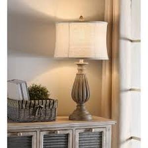 lot 17 image: 29 in. Brown with Black Tint Table Lamp with Beige Softback Fabric Shade by StyleCraft  Customer Returns See Pictures