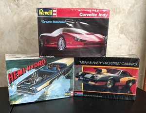 lot 68 image: New Revell Corvette Indy, Monogram Mean & Nasty Pro Street Camero and Revell Hemi Hydro Model Car Kits