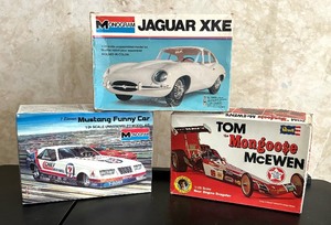 lot 92 image: Revell Tom Mongoose McEwen Rear Engine Dragster, Monogram Mustang Funny Car and Monogram Jaguar XKE Model Kits
