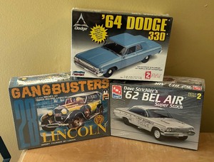 lot 153 image: New AMT 1962 Bel Air Super Stock, Lindberg 1964 Dodge 330 and Locke Gangbusters 1928 Lincoln Model Car Kits