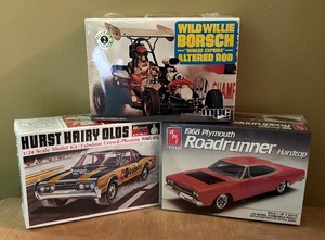 lot 278C image: New Monogram Hurst Hairy Olds, AMT Ertl Road Runner Hardtop and Wild Willie Borsch Winged Express Altered Rod