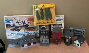 lot 404 image: Train Accessories including Buildings, Dual Crossing Gate, Trees and More