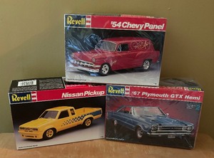 lot 91C image: Revell 1967 Plymouth GTX Hemi, 1954 Chevy Panel and Nissan Pick Up Model Car Kits