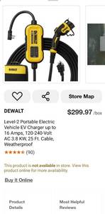 DEWALT Level-2 Portable Electric Vehicle EV Charger ($299 retail) Great Ebay Seller
