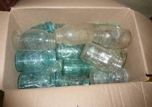 lot 67 image: Large box of canning jars blue and clear