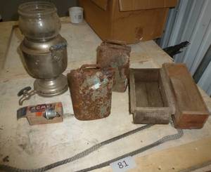 lot 81 image: Old Cow Bells, tea pot, Cheese boxes, juice extractor