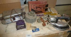 lot 83 image: Vintage iron, waffle maker, razor, grinder etc