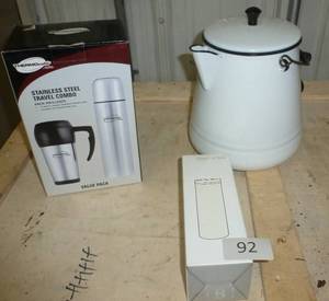 lot 92 image: New travel insulated mug and thermos, new enamel coffee pot, new 16 oz travel cup