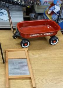 lot 146 image: very cute wagon about 18 inches long and washboard about the same