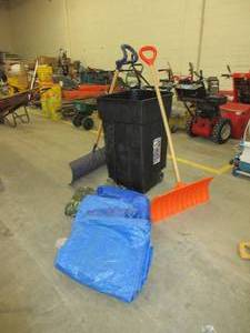 lot 115 image: SNOW SHOVELS, TARPS AND 50 GALLON WASTE BIN