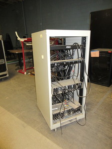 lot 241 image: ROLLING AV RACK SET UP WITH TV  COMPONENTS