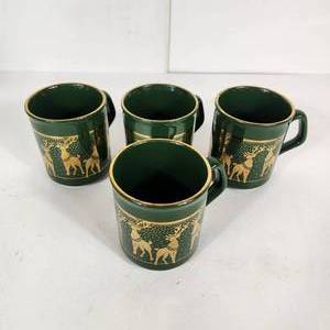 lot 9 image: Lot Of Four Holiday Coffee CupsMugs With Gold Reindeer And Gold On Rim