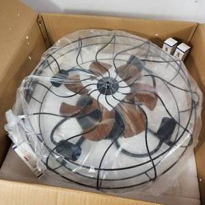 lot 24 image: Beautiful New Low Profile 4 Light Indoor Black Wood Grain Industrial Metal Cage Enclosed Ceiling Fan With Light Kit MRSP $200