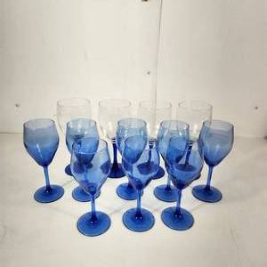 lot 36 image: Lot Of Twelve Wine Glasses 4 Larger And Eight Smaller BlueClear Glass Excellent Condition