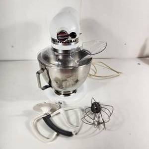 lot 42 image: White Kitchen Aid Mixer With Three Attachments Fair Condition Tested Works