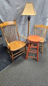 lot 10 image: 2 Wood Chairs, Wood Stool and Lamp As Shown