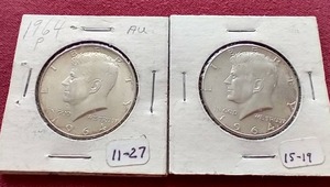 lot 20 image: (2) 90% Silver Kennedy Half Dollars