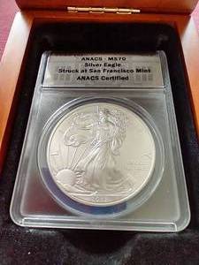 lot 22 image: 2012-S American Silver Eagle - MS70 With Wooden Box Display