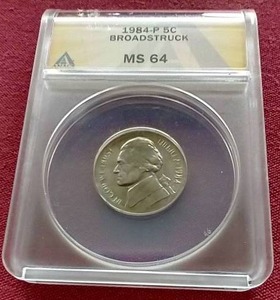 lot 58 image: 1984-P Broadstruck Error Nickel - ANACS MS64
