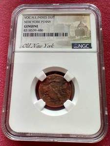 lot 106 image: 1700s VOC NE Indies Duit New York Penny - NGC Authentic