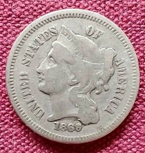 lot 107 image: 1869 American 3 Cent Nickel