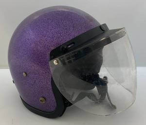 lot 7 image: Vintage 1970s Purple Metal Flake Helmet With Visor (Size Unknown)