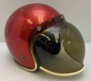 lot 9 image: Vintage 1970s Red Metal Flake Helmet With Visor (Size Unknown)