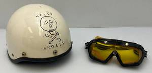lot 22 image: 1962 Hells Angels Helmet With 1960s Goggles (Drawn By Hells Angels Member)