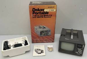 lot 40 image: Vintage Hi Max Deluxe Portable 5 Black & White TV With AMFM Receiver In Original Box (Lightly Used)