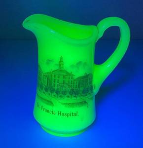 lot 240 image: 1930s Custard  Uranium Glass Miniature Pitcher  St. Francis Hospital 4 14 (Glows Under UV Light)