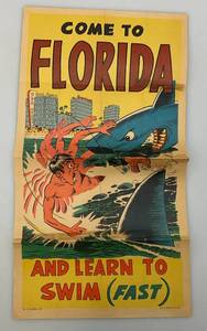 lot 307 image: 1967 Topps Chewing Gum Company  Come To Florida Learn To Swim Fast Travel Poster 10 x 18 (Tears Present Fixed With Tape)
