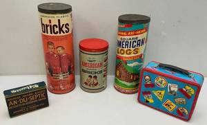 lot 328 image: Vintage Misc. Toys Including American Plastic Bricks, American Wood Logs In Original Containers And Metal Lunch Box
