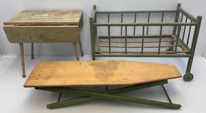 lot 336 image: Antique Kids Doll Crib, Ironing Board & Small Drop Leaf Table