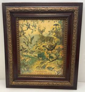 EST. $600.00-$1,000 Vintage 1923 REMINGTON Game Load Game Poster By, Lynn Bogue Hunt In Antique Ornate Wood Frame With Original Period Wavy Glass 26" x 30" (PRINT FOLDED OVER  2" ON TOP AND BOTTOM IN FRAME)