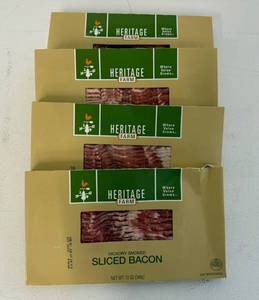 lot 60 image: F. 4x 12oz Hickory Smoked Sliced Bacon-Heritage Farm