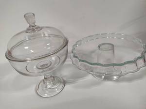 lot 73 image: Glass Pedestal Cake Plate & Large Candy Dish wLid
