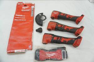 lot 195 image: Milwaukee Multi-Tool (3ct), Band Saw Blade, and other accessories