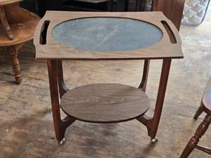 lot 30 image: Vintage Two-Tier Rolling Wooden Serving Cart
