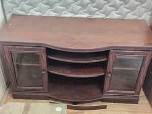 lot 34 image: Wooden Entertainment Console with Glass Paneled Doors