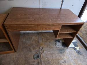 lot 41 image: Wooden Desk with Built-In Shelves and Keyboard Drawer