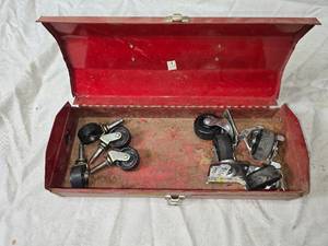 lot 60 image: Vintage Red Metal Toolbox, Casters