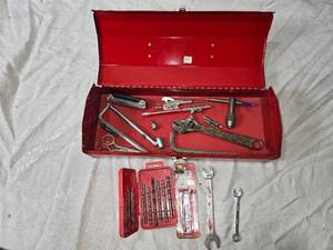 lot 61 image: Red Metal Toolbox with Assortment of Hand Tools and Drill Bits