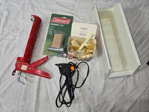 lot 62 image: Caulking Gun, Hot Glue Gun, Glue Sticks, Tray