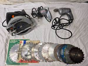 lot 67 image: Power Tool Set with Drill, Circular Saw, and Assorted Blades of Different Sizes