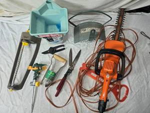 lot 72 image: Large Garden Tool Lot with Black & Decker Hedge Trimmer, Pruning Shears, Spreader and More