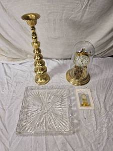 lot 116 image: Brass Candlestick, Anniversary Clock, and Crystal Tray