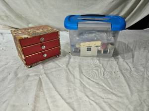 lot 123 image: Decorative Jewelry Box with Contents and Sewing Kit Collection