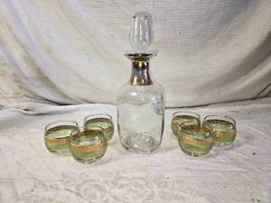 lot 161 image: Vintage Glass Decanter with Stopper and Matching Glasses